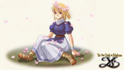 Rule 34 | 1girl, blonde hair, blush, company name, copyright name, elena stoddart, falcom, flower, flower wreath, head wreath, highres, looking at viewer, official art, purple eyes, short hair, sitting, skirt, smile, solo, ys, ys iii wanderers of ys