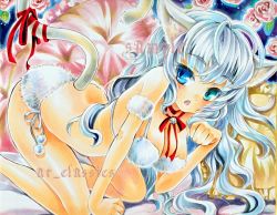 Rule 34 | 1girl, ahoge, all fours, animal ears, arched back, armlet, at classics, bed, bell, blue eyes, blue hair, blush, bow, bra, cat ears, cat tail, fang, flower, green eyes, heterochromia, jingle bell, leaf, long hair, marker (medium), matching hair/eyes, open mouth, original, panties, paw pose, pillow, pink flower, pink rose, ribbon, rose, sample watermark, shiny skin, side-tie panties, silver hair, solo, tail, tail ornament, tail ribbon, traditional media, underwear, very long hair, watermark