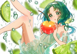 Rule 34 | 00s, 1girl, :o, akimoto komachi, armpits, blurry, blush, bubble, chemise, cherry, depth of field, detached sleeves, food, fruit, galibo, green eyes, green hair, hairband, holding, holding food, holding fruit, legs up, lime (fruit), lime slice, lingerie, long hair, matching hair/eyes, oversized object, precure, see-through, solo, strapless, underwear, yes! precure 5