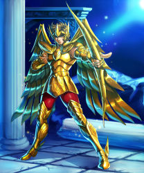 Rule 34 | 1boy, armor, blonde hair, blue eyes, bow (weapon), breastplate, closed mouth, column, faulds, gauntlets, gold armor, gold saint, holding, holding bow (weapon), holding weapon, kotatsu (g-rough), legs apart, looking at viewer, male focus, armored boots, pants, pegasus seiya, pillar, pointing, pointing at viewer, red pants, saint seiya, shoulder armor, solo, pauldrons, weapon, wings