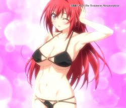 Rule 34 | 10s, 1girl, bikini, blush, breasts, cameltoe, cleavage, covered erect nipples, highres, large breasts, long hair, looking at viewer, naruse mio, navel, one eye closed, red eyes, red hair, shinmai maou no testament, smile, stitched, swimsuit, third-party edit, underboob, wink
