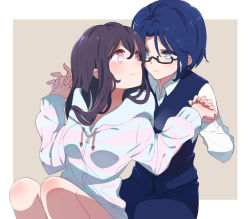 Rule 34 | 2girls, bare legs, blue eyes, blue hair, blue hoodie, blue pants, border, brown background, brown hair, closed mouth, collared shirt, commentary request, drawstring, expressionless, glasses, hair between eyes, holding hands, hood, hood down, hoodie, long hair, long sleeves, looking at another, multiple girls, original, pants, pink eyes, semi-rimless eyewear, shirt, short hair, smile, sou (tuhut), striped clothes, striped hoodie, under-rim eyewear, waistcoat, white border, white shirt, yuri