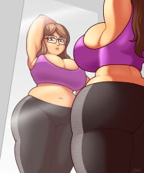 Rule 34 | 1girl, ass, blazbaros, breasts, brown eyes, brown hair, bursting breasts, cleavage, glasses, highres, huge breasts, mirror, pants, plump, solo, sports bra, thick thighs, thighs, wide hips, yoga pants
