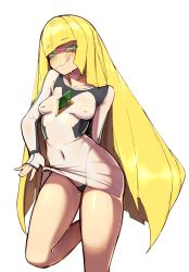 Rule 34 | 1girl, absurdres, black panties, blonde hair, breasts, bright pupils, closed mouth, clothes lift, covered erect nipples, covered navel, creatures (company), dress, dress lift, game freak, green eyes, highres, licking lips, lifting own clothes, long hair, looking at viewer, lusamine (pokemon), medium breasts, nintendo, panties, penguru 086, pokemon, pokemon sm, simple background, smile, solo, standing, standing on one leg, thong, tongue, tongue out, underwear, very long hair, white background, white dress