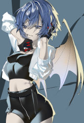 Rule 34 | 1girl, absurdres, arm up, belt, biting, black gloves, black wings, blood, blood on face, blue eyes, blue hair, brown pupils, closed mouth, collarbone, covered erect nipples, eyelashes, fang, fang out, fingernails, gloves, gradient gloves, hair between eyes, half gloves, highres, long eyelashes, long fingernails, mitsuki3s kir, multicolored eyes, polka dot, red gloves, remilia scarlet, short hair, solo, touhou, very long fingernails, wings, yellow eyes