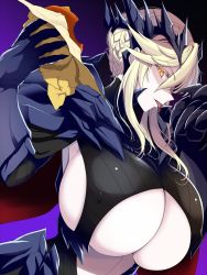 Rule 34 | 1girl, artoria pendragon (fate), artoria pendragon (lancer alter) (fate), black background, blonde hair, breasts, burger, close-up, covered erect nipples, eating, fate/grand order, fate (series), food, gradient background, hair between eyes, highres, holding, holding food, huge breasts, kloah, licking, licking finger, looking at viewer, open mouth, pale skin, purple background, shiny clothes, shiny skin, sidelocks, slit pupils, solo, tongue, tongue out, underboob, yellow eyes
