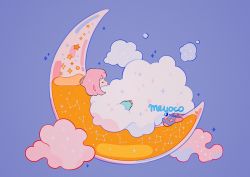 Rule 34 | 1girl, artist name, closed eyes, cloud, constellation, covered mouth, crescent, crescent moon, from side, liquid, long sleeves, medium hair, meyoco, moon, on crescent, original, pink hair, purple background, see-through, simple background, sleeping, socks, solo, sparkle, star (symbol)
