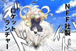 Rule 34 | 1girl, abigail williams (fate), black bow, black dress, black footwear, black hat, blonde hair, bloomers, blue eyes, blue sky, bow, bug, butterfly, closed mouth, cloud, cloudy sky, commentary request, crossed bandaids, day, dress, dust cloud, fate/grand order, fate (series), hair bow, hat, highres, holding, holding weapon, insect, long hair, long sleeves, neon-tetora, orange bow, outdoors, parted bangs, polka dot, polka dot bow, rocket launcher, running, shoes, sky, sleeves past fingers, sleeves past wrists, smile, solo, standing, standing on one leg, stuffed animal, stuffed toy, teddy bear, underwear, unworn hat, unworn headwear, v-shaped eyebrows, very long hair, weapon, white bloomers