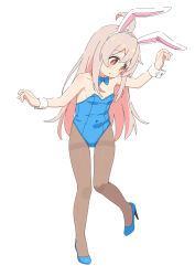 Rule 34 | 1girl, :o, animal ears, arm up, bare shoulders, blue bow, blue bowtie, blue footwear, blue leotard, blush, bow, bowtie, breasts, brown eyes, brown hair, brown pantyhose, collar, commentary request, covered navel, detached collar, fake animal ears, female focus, full body, hair between eyes, hairband, heijialan, high heels, highres, leotard, long hair, looking away, looking down, looking to the side, onii-chan wa oshimai!, oyama mahiro, pantyhose, parted lips, playboy bunny, rabbit ears, shoes, simple background, small breasts, solo, standing, standing on one leg, strapless, strapless leotard, thighband pantyhose, very long hair, white background, white collar, white hairband, wrist cuffs
