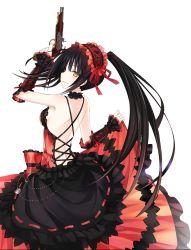 Rule 34 | 10s, 1girl, back, backless outfit, bare shoulders, black hair, breasts, clock eyes, date a live, dress, female focus, goth fashion, gun, hairband, highres, lolita fashion, lolita hairband, long hair, long skirt, looking back, profile, red eyes, sideways glance, simple background, skirt, solo, standing, symbol-shaped pupils, thighhighs, tokisaki kurumi, twintails, weapon, white background, yellow eyes