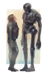 Rule 34 | 1girl, absurdres, bad id, bad pixiv id, boots, brown hair, energy gun, fingerless gloves, galactic empire, gloves, highres, insignia, jyn erso, k-2so, maiami, ray gun, realistic, rebel alliance, robot, rogue one: a star wars story, scarf, science fiction, size difference, star wars, uniform, vest, weapon