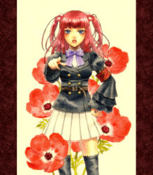 Rule 34 | 00s, 1girl, anemone (flower), bad id, bad pixiv id, belt, blue eyes, bow, female focus, flower, hair bobbles, hair ornament, hand on own hip, highres, hip focus, kayu, open mouth, red hair, school uniform, solo, thighhighs, twintails, two side up, umineko no naku koro ni, ushiromiya ange, zettai ryouiki