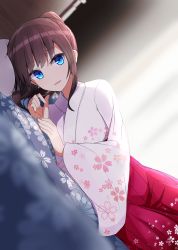 Rule 34 | 1girl, a.a (aa772), blue eyes, blurry, blurry background, brown hair, cherry blossom print, commentary request, depth of field, dutch angle, fingernails, floral print, hakama, hakama-chan (aa), hakama skirt, highres, japanese clothes, kimono, long hair, long sleeves, looking at viewer, lying, on bed, on side, original, parted lips, pillow, print hakama, print kimono, red hakama, short kimono, sidelocks, skirt, smile, solo, unmoving pattern, white kimono, wide sleeves