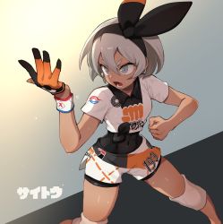 Rule 34 | 1girl, bea (pokemon), black bodysuit, black hairband, bodysuit, bodysuit under clothes, character name, clenched hand, collared shirt, commentary request, covered navel, creatures (company), dark-skinned female, dark skin, dynamax band, game freak, gloves, grey eyes, grey hair, gym leader, hair between eyes, hairband, kinshi, knee pads, nintendo, open mouth, pokemon, pokemon swsh, print shirt, print shorts, shirt, short hair, short sleeves, shorts, single glove, solo, teeth, tied shirt, tongue, v-shaped eyebrows