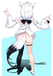 Rule 34 | 1girl, absurdres, ahoge, animal ear piercing, animal ears, ass, barefoot, black bow, black thighhighs, bow, commentary, detached sleeves, fox ears, fox girl, fox shadow puppet, fox tail, from behind, full body, hair bow, highres, hololive, johnny (braun-kan cafe), long hair, long sleeves, low ponytail, no panties, no shoes, shirakami fubuki, shirakami fubuki (1st costume), shirt, single barefoot, single thighhigh, solo, tail, thigh strap, thighhighs, virtual youtuber, white hair, white shirt
