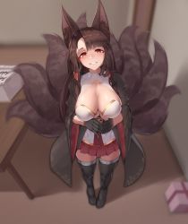 Rule 34 | 1girl, akagi (azur lane), animal ears, azur lane, black gloves, black kimono, black thighhighs, box, breasts, brown hair, brown tail, cake, cleavage, cleavage cutout, clothing cutout, filin, food, fox ears, full body, gift, gift box, gloves, happy birthday, heart, highres, indoors, japanese clothes, kimono, kitsune, kyuubi, large breasts, long hair, looking at viewer, looking up, miniskirt, multiple tails, open clothes, open kimono, partially fingerless gloves, pleated skirt, red eyes, red skirt, skirt, skirt under kimono, smile, table, tail, thighhighs, wide sleeves, zettai ryouiki