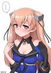 Rule 34 | ..., 1girl, black gloves, black neckerchief, black sailor collar, blue shirt, blush, breasts, brown eyes, cleavage, closed mouth, collarbone, cypress, gloves, johnston (kancolle), kantai collection, light brown hair, long hair, medium breasts, motion lines, neckerchief, off-shoulder shirt, off shoulder, sailor collar, sailor shirt, shirt, simple background, single glove, solo, spoken ellipsis, twitter username, two side up, upper body, white background