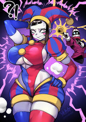 Rule 34 | 1boy, 1girl, ?, alternate breast size, breasts, caine (the amazing digital circus), clenched teeth, curvy, drooling, forced smile, glitch productions, gloves, hat, highleg, highleg leotard, highres, huge breasts, jester, jester cap, leotard, multicolored eyes, pomni (the amazing digital circus), ryuusei (mark ii), shiny skin, short hair, striped clothes, striped headwear, teeth, the amazing digital circus, thighhighs, underboob, vertical-striped clothes, vertical-striped headwear, wide hips