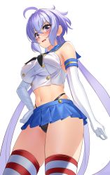 Rule 34 | 1girl, absurdres, ahoge, bare shoulders, black panties, blue skirt, breasts, buttons, cosplay, cowboy shot, crop top, elbow gloves, embarrassed, frown, gloves, hand on own hip, highleg, highleg panties, highres, impossible clothes, impossible shirt, kantai collection, large breasts, long hair, looking at viewer, microskirt, midriff, navel, neckerchief, nyanmaru, open mouth, panties, pleated skirt, purple eyes, purple hair, revealing clothes, sailor collar, school uniform, senki zesshou symphogear, serafuku, shimakaze (kancolle), shimakaze (kancolle) (cosplay), shirt, simple background, skindentation, skirt, sleeveless, sleeveless shirt, solo, stomach, striped clothes, striped thighhighs, sweat, taut clothes, taut shirt, thighhighs, thighs, thong, underwear, v-shaped eyebrows, very long hair, wavy mouth, white background, white gloves, white shirt, yukine chris