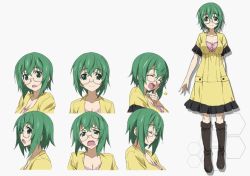 Rule 34 | 10s, 1girl, boots, breasts, character sheet, cleavage, expressions, from side, full body, glasses, green eyes, green hair, infinite stratos, kurashima tomoyasu, multiple views, official art, open mouth, production art, standing, yamada maya (infinite stratos)