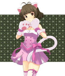 Rule 34 | 00s, 1boy, akizuki ryo, animal ears, animal hands, antenna hair, bare shoulders, blush, bow, brown eyes, brown hair, cat boy, cat ears, cat tail, cross, crossdressing, cute &amp; girly (idolmaster), gloves, idolmaster, idolmaster dearly stars, jewelry, male focus, md5 mismatch, necklace, onion (lemlaml), open mouth, paw gloves, pink bow, resolution mismatch, short hair, solo, source smaller, tail, thighhighs, trap