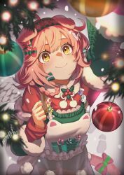 Rule 34 | 1girl, angel wings, animal ears, apron, arknights, bow, candy, candy cane, cat girl, cat tail, christmas, christmas ornaments, christmas tree, closed mouth, commentary, fake wings, floppy ears, food, goldenglow (arknights), goldenglow (maiden for the bright night) (arknights), green hairband, green sweater, hair bow, hair rings, hairband, headband, highres, holding ornament, holly, long sleeves, looking up, memetaroh, pin, pink hair, pom pom (clothes), print hairband, red hairband, red sweater, short hair, smile, snow, solo, sweater, tail, tail bow, tail ornament, upper body, white apron, wings, yellow eyes