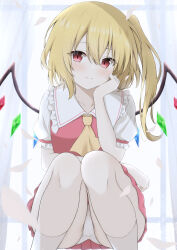 Rule 34 | 1girl, absurdres, ascot, asymmetrical hair, blonde hair, check commentary, closed mouth, collar, collarbone, commentary request, crystal wings, dot nose, dress, flandre scarlet, frilled collar, frilled sleeves, frills, hair between eyes, hand on own face, head tilt, highres, indoors, light blush, looking at viewer, panties, pantyshot, petals, pleated skirt, puffy short sleeves, puffy sleeves, red dress, red eyes, short sleeves, side ponytail, sitting, skirt, socks, solo, szl, touhou, underwear, white panties, white socks, wind, yellow ascot