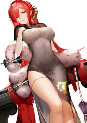 Rule 34 | 1girl, absurdres, alternate costume, an yasuri, azur lane, backless outfit, bad id, bad pixiv id, black dress, black gloves, blush, bracelet, braid, breasts, cannon, china dress, chinese clothes, cleavage, covered erect nipples, covered navel, crown braid, dress, dutch angle, earrings, gloves, gold footwear, gold trim, hair between eyes, hair bun, hair ornament, half gloves, hand up, highres, indoors, jewelry, large breasts, leaning, light particles, long hair, looking at viewer, monarch (azur lane), new year, oil-paper umbrella, open mouth, red hair, shawl, sidelocks, simple background, single hair bun, solo, standing, table, taut clothes, taut dress, thigh strap, thighs, umbrella, very long hair, white background