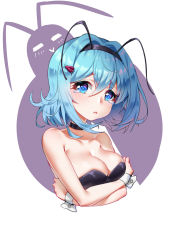Rule 34 | 1girl, absurdres, antennae, arthropod girl, bad id, bad pixiv id, bare shoulders, black choker, black hairband, black leotard, blue eyes, blue hair, blush, breasts, bug, choker, cleavage, closed mouth, cockroach, collarbone, hair between eyes, hair ornament, hairband, head tilt, highres, insect, leotard, looking at viewer, medium breasts, mo xiaoxue, original, red eyes, solo, strapless, strapless leotard, white background, wrist cuffs
