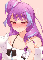 Rule 34 | ..., 1girl, bare shoulders, beige background, blue hair, blush, bow, breasts, cleavage, collarbone, embarrassed, jewelry, looking down, macross, macross delta, mikumo guynemer, multicolored hair, necklace, off-shoulder sweater, off shoulder, pink background, purple hair, red eyes, sasanoneko, solo, speech bubble, spoken ellipsis, streaked hair, sweater, white bow, white sweater