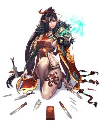 Rule 34 | 1girl, alpha transparency, artist request, black nails, breasts, bridal gauntlets, brown hair, chaos online, dagger, earrings, female focus, high ponytail, highres, hip bones, jewelry, knife, light persona, long hair, nail polish, no socks, official art, pointy ears, red eyes, reiden, sandals, side slit, sideboob, solo, tattoo, transparent background, very long hair, weapon