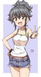 Rule 34 | 1girl, :d, artist name, bad id, bad twitter id, black hair, blue background, blue shorts, bracelet, braid, brown hair, camisole, casual, commentary, cowboy shot, cutoffs, denim, denim shorts, erakin, girls und panzer, hair up, hand on own hip, highres, jewelry, looking at viewer, open mouth, outside border, pepperoni (girls und panzer), shirt, short hair, short ponytail, short shorts, shorts, side braid, signature, sketch, smile, solo, standing, traditional media, v, white shirt