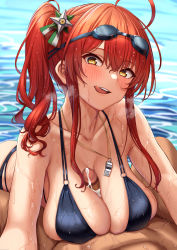 Rule 34 | 1boy, 1girl, absurdres, ahoge, azur lane, bikini, black bikini, blush, breasts, brown eyes, censored, check commentary, cleavage, collarbone, commander (azur lane), commentary request, covered erect nipples, cum, cum on body, cum on breasts, cum on upper body, cumdrip, goggles, goggles on head, hair between eyes, hair ornament, handsfree paizuri, head tilt, heavy breathing, hetero, highres, large breasts, leaning forward, long hair, looking at viewer, momo no sukebe, mosaic censoring, o-ring, o-ring bikini, open mouth, paizuri, paizuri under clothes, penis, pov, red hair, side ponytail, sidelocks, smile, solo focus, swimsuit, tongue, tongue out, wet, whistle, whistle around neck, zara (azur lane), zara (poolside coincidence) (azur lane)