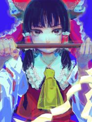 Rule 34 | ascot, bare shoulders, black hair, blue background, bow, collared shirt, detached sleeves, frilled bow, frilled shirt collar, frills, gohei, hair bow, hair tubes, hakurei reimu, holding up, kimochi, looking at viewer, nontraditional miko, red bow, red eyes, red shirt, red skirt, ribbon-trimmed sleeves, ribbon trim, shirt, short hair, sidelocks, simple background, skirt, skirt set, sleeveless, sleeveless shirt, tegaki, touhou, wide sleeves, yellow ascot