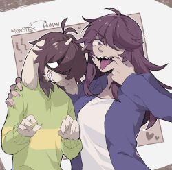 Rule 34 | &gt;:), 1girl, 1other, ahoge, alternate species, androgynous, animal ears, antenna hair, blank eyes, brown background, brown hair, claw pose, deltarune, evil grin, evil smile, fewer digits, finger in own mouth, freckles, from side, goat boy, goat ears, green sweater, grin, hair over one eye, hand on another&#039;s shoulder, highres, horns, jacket, komugiko (bitte komu), kris (deltarune), long hair, long sleeves, looking at viewer, mouth pull, one eye covered, open mouth, outline, purple eyes, purple hair, purple jacket, shaded face, sharp teeth, shirt, short hair, smile, susie (deltarune), sweater, swept bangs, teeth, tongue, tongue out, two-tone background, upper body, v-shaped eyebrows, white background, white outline, white shirt