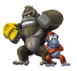 Rule 34 | 2boys, b.e.a.s.t. glove, chest pounding, chibi, cosplay, crossover, diddy kong, diddy kong (cosplay), donkey kong, donkey kong (series), donkey kong country: tropical freeze, electroshock weapon, gauntlets, giant, giant monster, godzilla (series), godzilla x kong: the new empire, green eyes, grin, kaijuu, king kong, king kong (cosplay), king kong (series), legendary pictures, looking at viewer, monster, monsterverse, multiple boys, multiple crossover, nintendo, no humans, parody, pyrasterran, scar, scar on chest, scar on stomach, simple background, smile, suko (monsterverse), trait connection, weapon, white background, yellow eyes