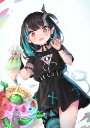 Rule 34 | 1girl, absurdres, bad food, belt, black belt, black dress, black hair, blue hair, blue thighhighs, blush, cake, commentary request, cowboy shot, cross print, demon girl, demon horns, demon tail, dress, dutch angle, eye hair ornament, eye of providence, eyelashes, fang, flat chest, food, fruit, grey thighhighs, highres, horns, icing, jewelry, looking at viewer, medium hair, multicolored hair, nanashi inc., official alternate costume, one side up, open mouth, pastry bag, pointy ears, rainbow order, red eyes, ring, rutinium, shishio chris, shishio chris (3rd costume), short sleeves, single thighhigh, solo, strawberry, sugar lyric, tail, thighhighs, two-tone hair, virtual youtuber, white background