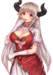 Rule 34 | 10s, 1girl, alicia (granblue fantasy), breasts, center opening, cleavage, draph, dress, earrings, gloves, granblue fantasy, horns, jewelry, large breasts, long hair, pointy ears, puffy sleeves, red eyes, silver hair, solo, urokoda, white gloves