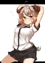 Rule 34 | 1girl, amonitto, arms up, glasses, horns, looking at viewer, original, sheep horns, sheep tail, shirt, short hair, short sleeves, silver hair, simple background, skirt, solo, tail, yellow eyes