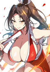 Rule 34 | 1girl, arm guards, breasts, brown hair, cleavage, curvy, fire, folded fan, folding fan, hand fan, high ponytail, highres, holding, holding fan, huge breasts, lips, looking at viewer, naughty face, ninja, orange eyes, pelvic curtain, revealing clothes, rope, senri gan, shiranui mai, sideboob, solo, standing, the king of fighters, white background, wide hips