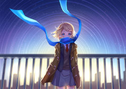 Rule 34 | 1girl, arms behind back, backlighting, blazer, blonde hair, blue eyes, blue scarf, blurry, blurry background, brown jacket, cityscape, commentary request, covering own mouth, depth of field, fence, hair ornament, hairclip, highres, jacket, kagamine rin, light trail, looking at viewer, mikmix, necktie, open clothes, open jacket, pleated skirt, red necktie, scarf, school uniform, short hair, skirt, sky, solo, star (sky), star trail, starry sky, sunrise, sweater, vocaloid