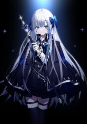 Rule 34 | 1girl, belt, black thighhighs, blue bow, blue eyes, bow, braid, chain, cross, cross earrings, earrings, gloves, highres, holding, holding scepter, jewelry, kazunehaka, looking at viewer, original, scepter, solo, star (symbol), thighhighs, white gloves, white hair