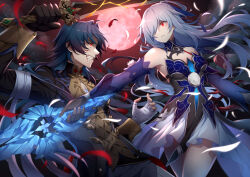 Rule 34 | 1boy, 1girl, aqua skirt, bandaged arm, bandaged chest, bandaged fingers, bandaged hand, bandages, bare shoulders, belt, black belt, black coat, black hair, black pants, blade (honkai: star rail), blood, blood from mouth, blood on face, blue bow, blue collar, blue dress, blue hair, blue sleeves, bow, breasts, brown shirt, chinese commentary, cleavage cutout, clenched teeth, clothing cutout, coat, collar, commentary request, cowboy shot, detached sleeves, dress, duel, feathers, glowing, glowing eye, hair bow, hair intakes, hair over one eye, highres, holding, holding sword, holding weapon, honkai: star rail, honkai (series), jingliu (honkai: star rail), kiyo (chaoschyan), long hair, looking at viewer, medium breasts, moon, open clothes, open coat, pants, parted lips, red eyes, red moon, shirt, skirt, sleeveless, sleeveless dress, sword, teeth, very long hair, weapon, white feathers