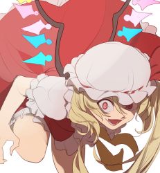 Rule 34 | 1girl, asymmetrical bangs, asymmetrical hair, blonde hair, blood, blood splatter, breasts, claws, commentary request, constricted pupils, crazy eyes, fangs, flandre scarlet, frilled shirt collar, frilled skirt, frills, hat, highres, kerok (joniko1110), looking at viewer, lower teeth only, medium breasts, mob cap, one side up, open mouth, puffy short sleeves, puffy sleeves, rainbow order, red eyes, short hair with long locks, short sleeves, side ponytail, simple background, skirt, slit pupils, smile, solo, teeth, tongue, touhou, upper body, white background, white hat, wings