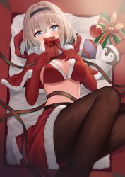 Rule 34 | 1girl, ayul (ayulneri 92), bikini, blonde hair, blue eyes, box, breasts, brown pantyhose, capelet, christmas, cleavage, covering own mouth, elbow gloves, feet out of frame, fur trim, gift, gift box, gloves, gradient hair, hairband, highres, holding, in box, in container, looking at viewer, lying, medium breasts, miniskirt, multicolored hair, on back, original, pantyhose, red bikini, red gloves, red skirt, ribbon, santa bikini, santa costume, short hair, skirt, solo, stomach, string bikini, stuffed animal, stuffed penguin, stuffed toy, swimsuit