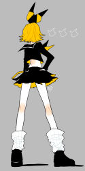 Rule 34 | 1girl, absurdres, arm at side, bare back, bare legs, belt, black belt, black bow, black footwear, black neckerchief, black sailor collar, black shirt, black skirt, blonde hair, blouse, blush, bow, commentary request, disembodied limb, facing away, from behind, full body, grey background, hair bow, hand on own hip, highres, index finger raised, iroha (hourai 24), kagamine rin, kneepits, legs apart, long legs, long sleeves, loose belt, loose socks, neckerchief, pale skin, platform footwear, pleated skirt, rettou joutou (vocaloid), sailor collar, shadow, shirt, shoes, short hair, signature, simple background, skinny, skirt, socks, solo, standing, striped clothes, striped socks, two-sided belt, two-sided fabric, two-sided skirt, two-tone bow, two-tone neckerchief, two-tone neckwear, vertical-striped clothes, vertical-striped socks, vocaloid, white socks, yellow bow, yellow neckerchief