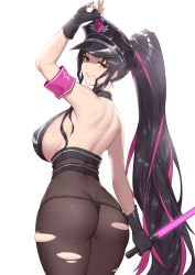 Rule 34 | 1girl, absurdres, armband, ass, bare shoulders, bikini, black bikini, black bodysuit, black hair, blush, bodysuit, breasts, butt crack, fate/grand order, fate (series), fei er, hat, high ponytail, highres, large breasts, long hair, looking at viewer, looking back, micro bikini, nail polish, pantyhose, peaked cap, ponytail, sessyoin kiara, sessyoin kiara (swimsuit mooncancer), sessyoin kiara (swimsuit mooncancer) (second ascension), simple background, solo, swimsuit, torn bodysuit, torn clothes, traffic baton, very long hair, white background, yellow eyes