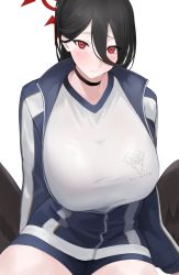 Rule 34 | 1girl, black choker, black hair, black wings, blue archive, blush, breasts, choker, feathered wings, fuji nyaga, hair between eyes, halo, hasumi (blue archive), hasumi (track) (blue archive), highres, huge breasts, jacket, light smile, looking at viewer, mole, mole under eye, partially unzipped, red eyes, simple background, solo, track jacket, white background, wings
