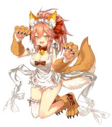 Rule 34 | 1girl, absurdres, animal ear fluff, animal ears, animal hands, apron, bell, blush, breasts, cat hair ornament, cat paws, cleavage, collar, fang, fate/grand order, fate (series), fox ears, fox tail, full body, gloves, hair ornament, highres, huge filesize, jingle bell, kinos (kw00789), large breasts, long hair, looking at viewer, maid headdress, naked apron, neck bell, open mouth, paw gloves, paw pose, paw shoes, pink hair, ponytail, red ribbon, ribbon, shoes, simple background, solo, tail, tamamo (fate), tamamo cat (fate), tamamo cat (third ascension) (fate), white background, white legwear