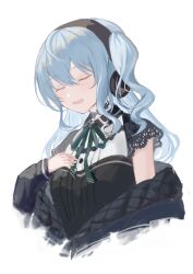Rule 34 | 1girl, black choker, black dress, black jacket, blue hair, breasts, choker, closed eyes, commentary request, dress, headphones, highres, hololive, hoshimachi suisei, hoshimachi suisei (streetwear), jacket, lace, lace choker, lace sleeves, long hair, medium breasts, open clothes, open jacket, open mouth, short sleeves, simple background, solo, touchika, upper body, virtual youtuber, white background